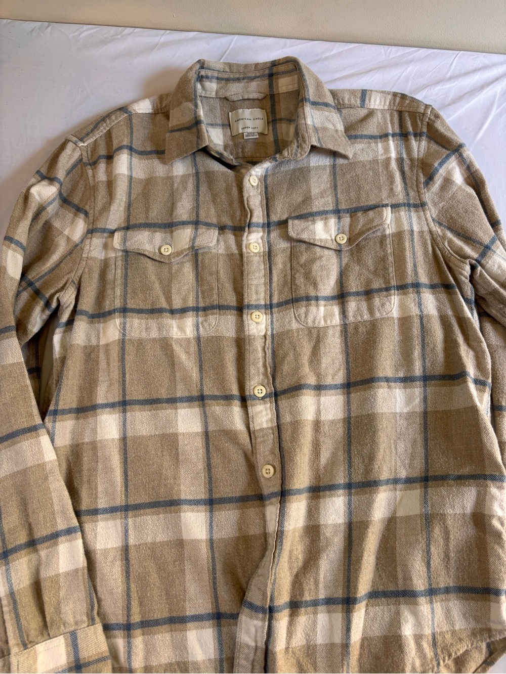 American Eagle Outfitters Tan and Blue Plaid Shirt Jacket